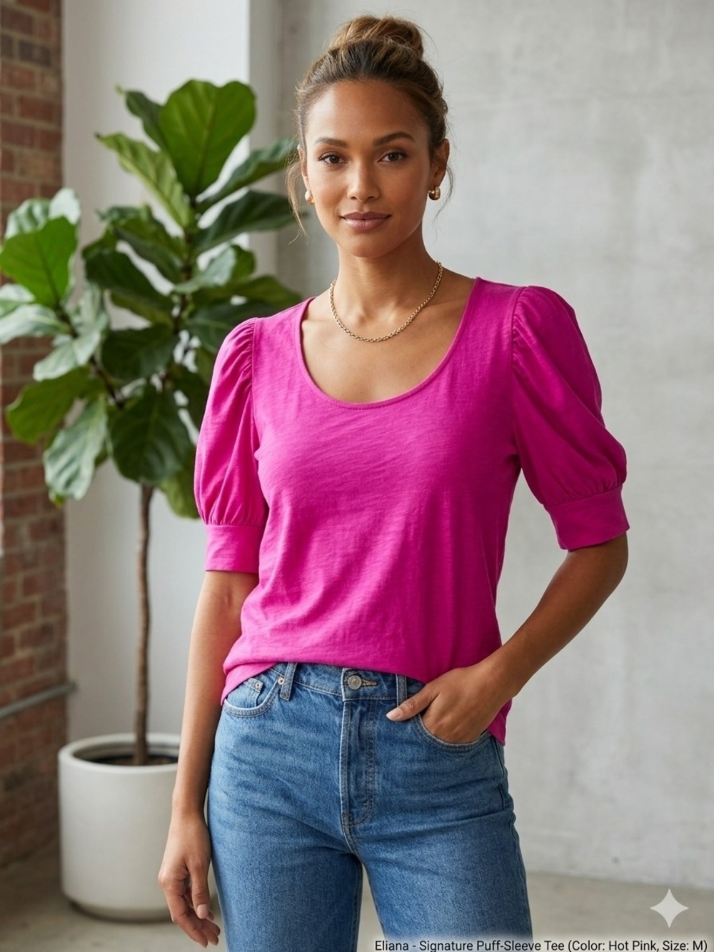 Eliana Signature Puff-Sleeve Tee in Hot Pink